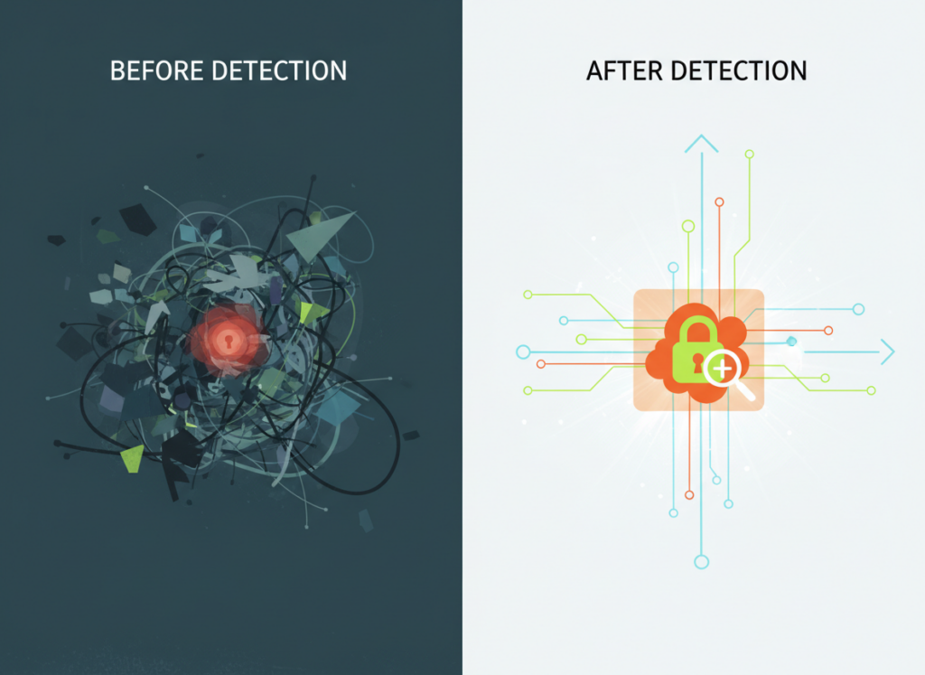 before detection and after detection graphic showing chaos turning into organized, locked information