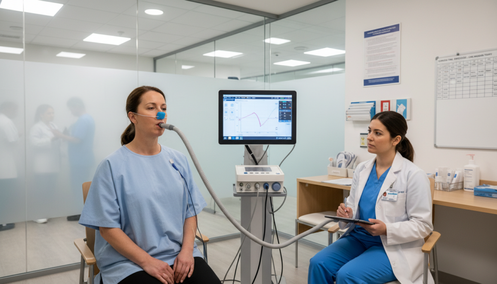 Clinical trial environment, patient undergoing lung function test (spirometry), modern medical equipment, realistic hospital setting