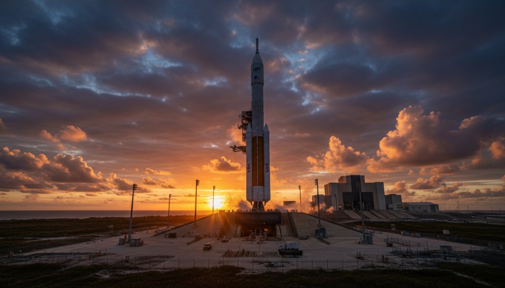 NASA Space Launch System (SLS) rocket on launch pad at Kennedy Space Center at sunrise