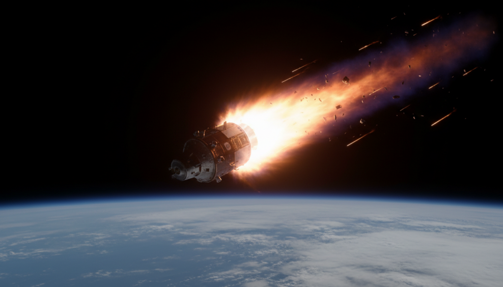 Orion capsule re-entering Earth’s atmosphere with visible plasma trail