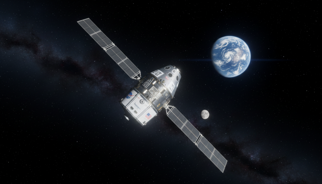 Orion spacecraft in deep space with Earth in background