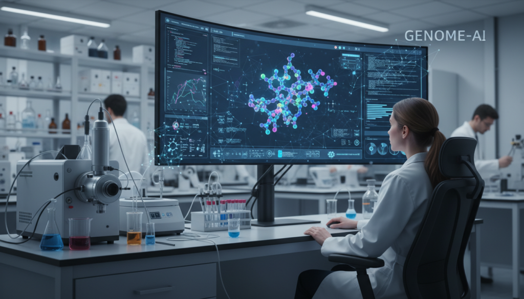 Scientist reviewing molecular modeling software on a large monitor, AI interface visible but subtle, lab bench with physical lab equipment nearby