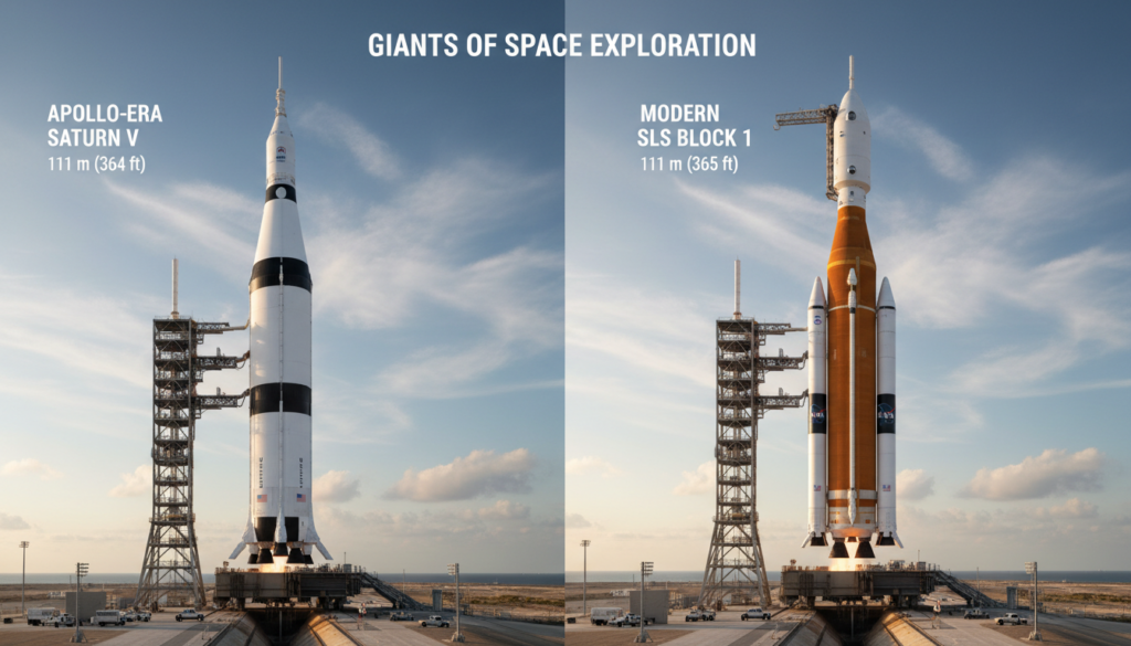 Side-by-side comparison image concept of Apollo-era Saturn V and modern SLS rocket