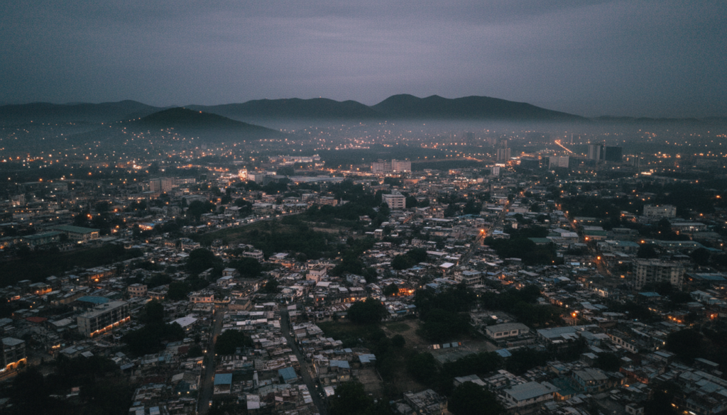 aerial view of Port-au-Prince at dusk, dense cityscape fading into hills