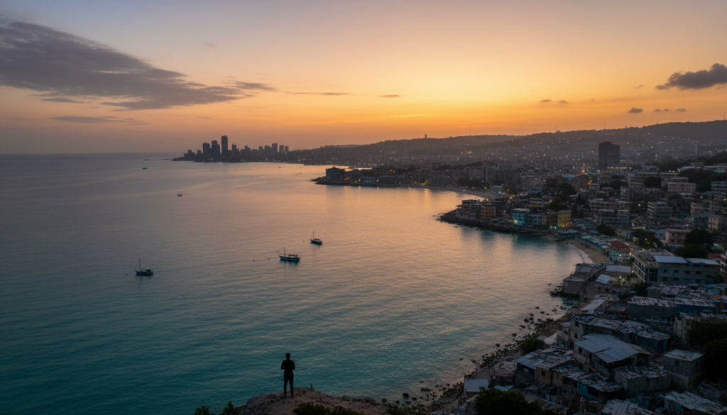 Wide coastal view of Haiti at sunset, calm sea contrasting with dense urban skyline
